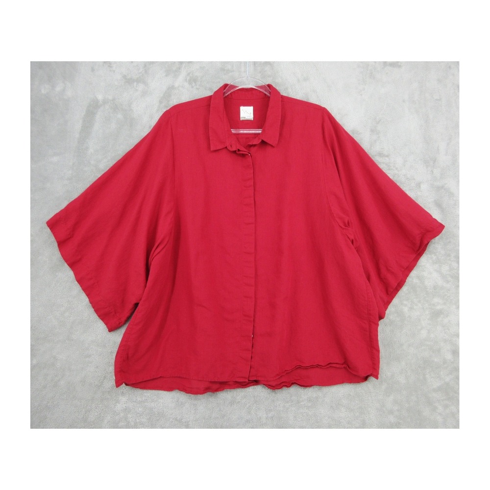 Nicobar Shirt Womens L XL Red Linen Cotton Boxy Relaxed Kimono Sleeve Lagenlook